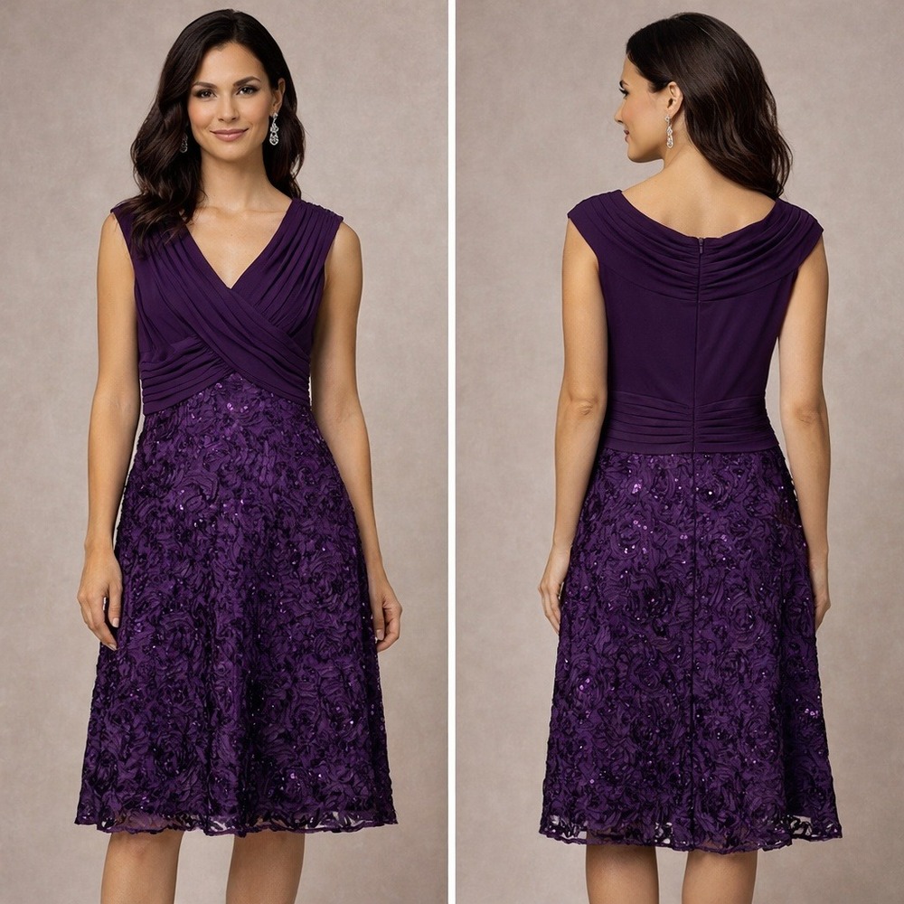 Patra Sz‎ 14 Purple Lace Sequins V Neck Cap Sleeve Midi Dress Prom Whimsigoth